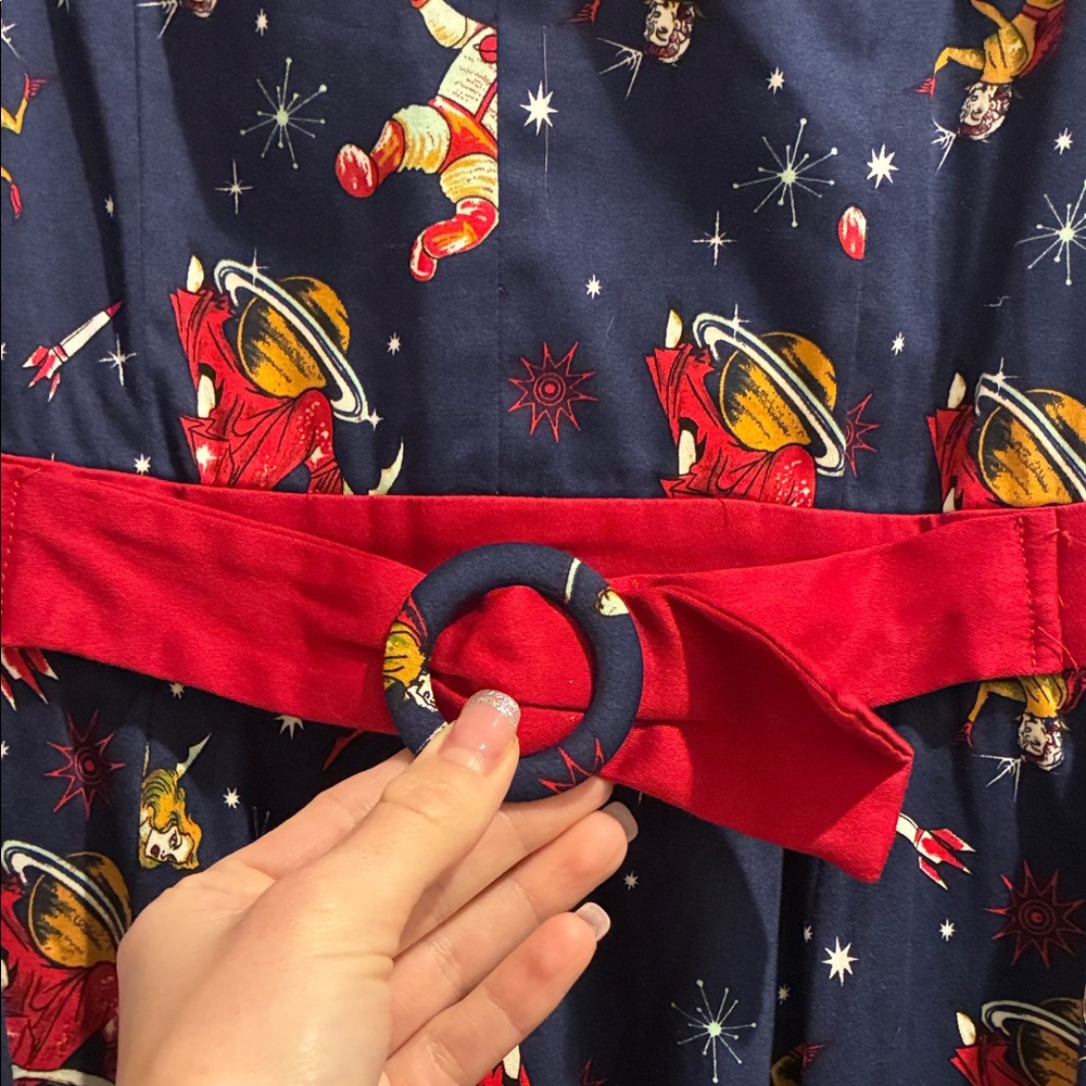 Banned retro pinup style space themed Red Collar and Belt dress XS - Picture 5 of 11